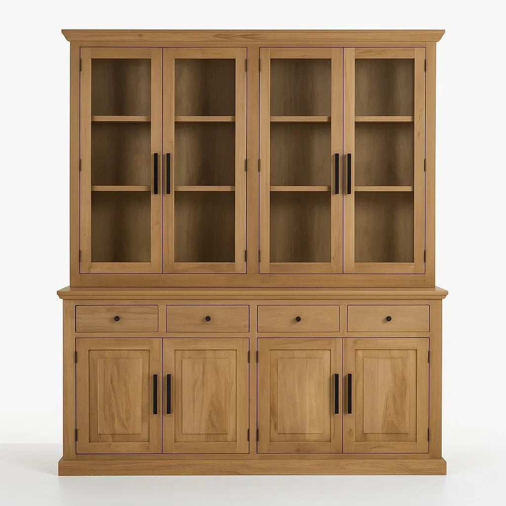 Vitrine en bois de chêne avec portes vitrées en verre trempé 4 tiroirs