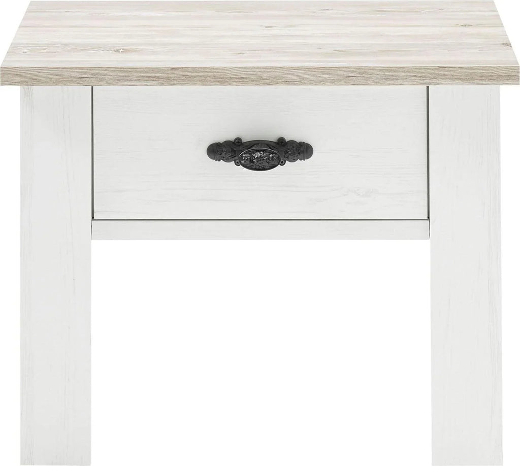 Mesita de noche Florenz blanca con aspecto de madera, 1 cajón, 58 cm de ancho