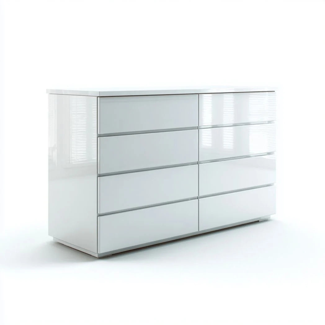 Commode à huit tiroirs en blanc brillant sans poignées au design linéaire