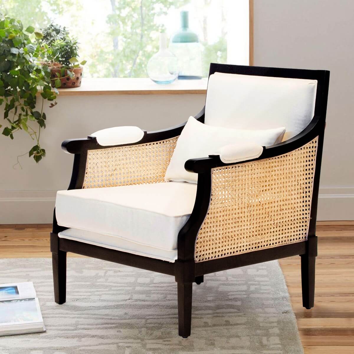 Abby Mango Wood Upholstered Cane Arm Sofa Chair