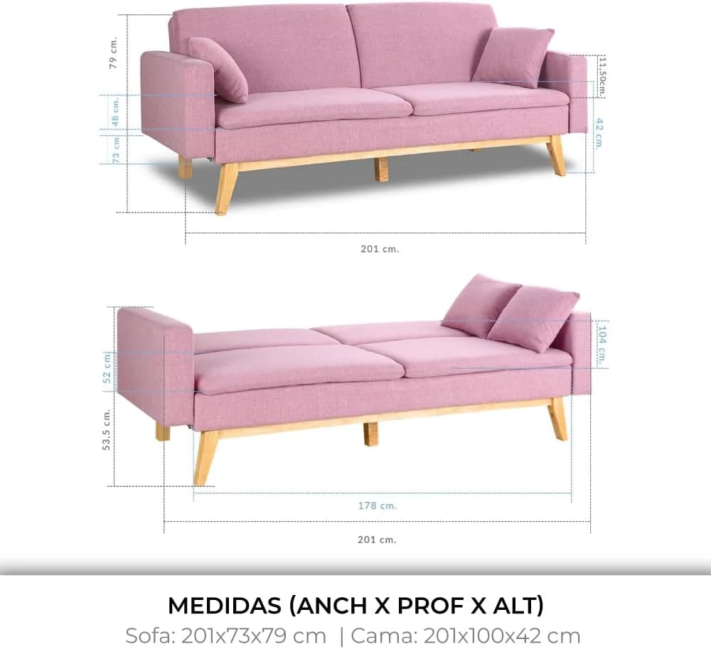 Don Descanso, Sofá Cama 3 plazas Reine, Tapizado en Tela, Sistema Apertura de Libro o Clic-clac, Medida sofá: 201x73x79 cm, Medida Cama: 201x99x42 cm, Incluye 2 Cojines, Gris Claro