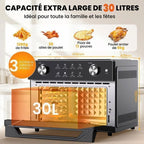 Mini four professionnel - Four a air, 30L/21 Programmes/30-230℃,  Lumière intégrée, Cavité et plateaux en acier inoxydable
