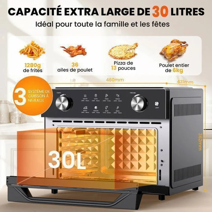 Mini four professionnel - Four a air, 30L/21 Programmes/30-230℃,  Lumière intégrée, Cavité et plateaux en acier inoxydable