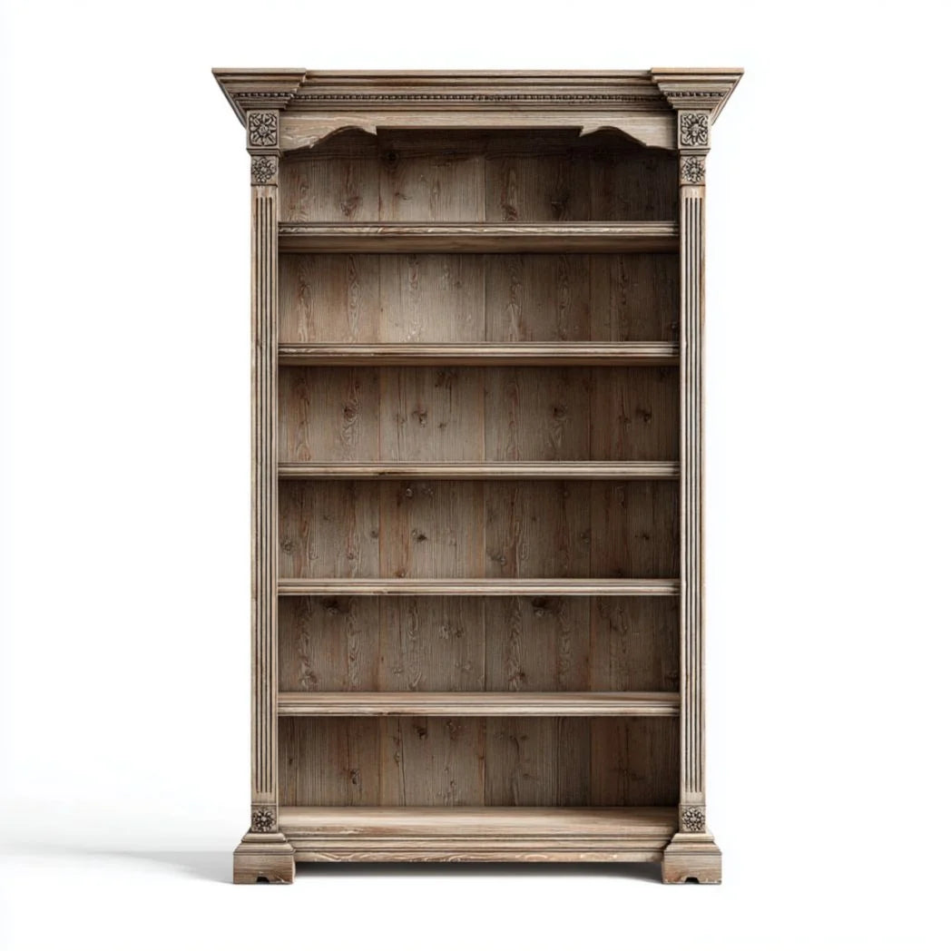 Bibliothèque en bois massif sculpté avec six étagères ouvertes