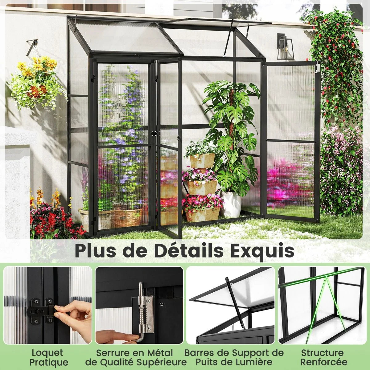 Serre de Jardin Extérieure en Aluminium Serre Mini Walk-in avec Lucarne et 3 Portes Fermables Plaques PC Résistantes au Soleil Noir