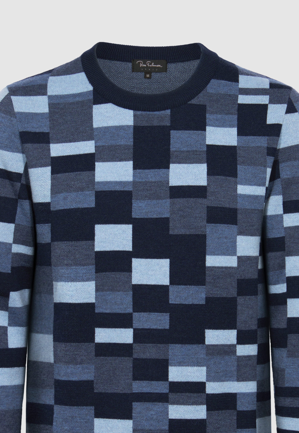 pull jacquard en laine mérinos à carreaux bleus