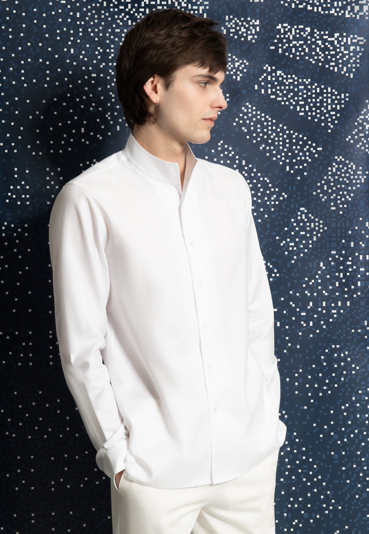 Chemise texturée à col tulipe en coton blanc