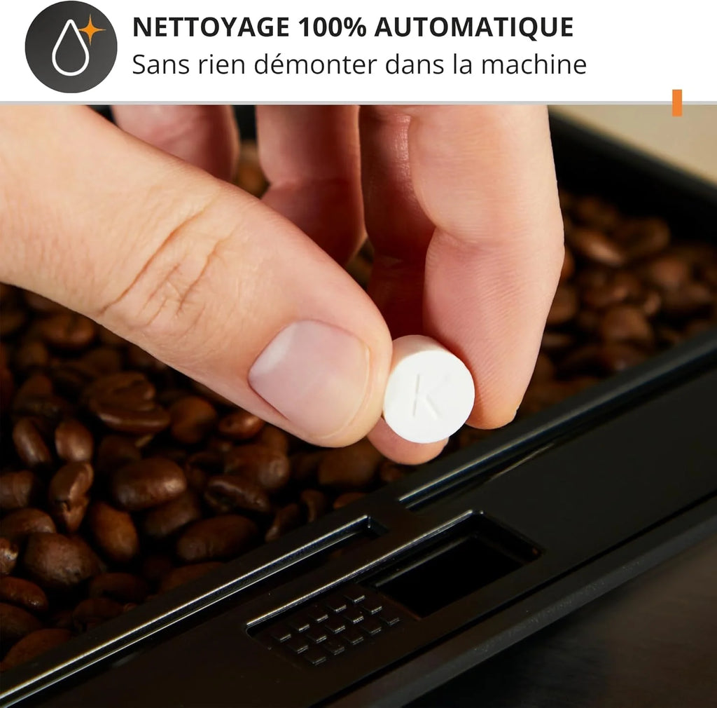 Krups Machine à café grain, machine expresso, 2 tasses en simultané, Nettoyage automatique, Buse vapeur pour Cappuccino, Cafetière espresso, Essential noire YY8125FD