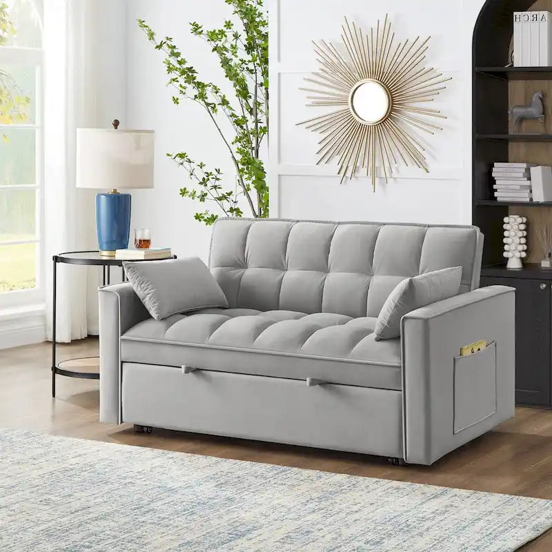 4 in1 Loveseat Sofa Bed with Armrests & Storage Pockets, Multi-Function Tufted Pull-out Sofa Bed with Adjustable Backrest