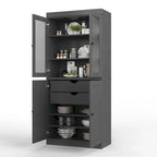100% Solid Wood Pantry Cabinet with Frosted Glass Doors, Solid Doors, 2-Drawers and Adjustable Shelves