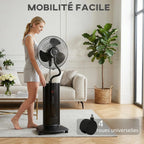 HOMCOM Ventilateur brumisateur 100 W à ionisation négative, ventilateur sur pied 130 cm, oscillation à 120°, 3 vitesses, 3 modes, réservoir d'eau 1,5 L, télécommande, minuterie 9h, roulettes, noir