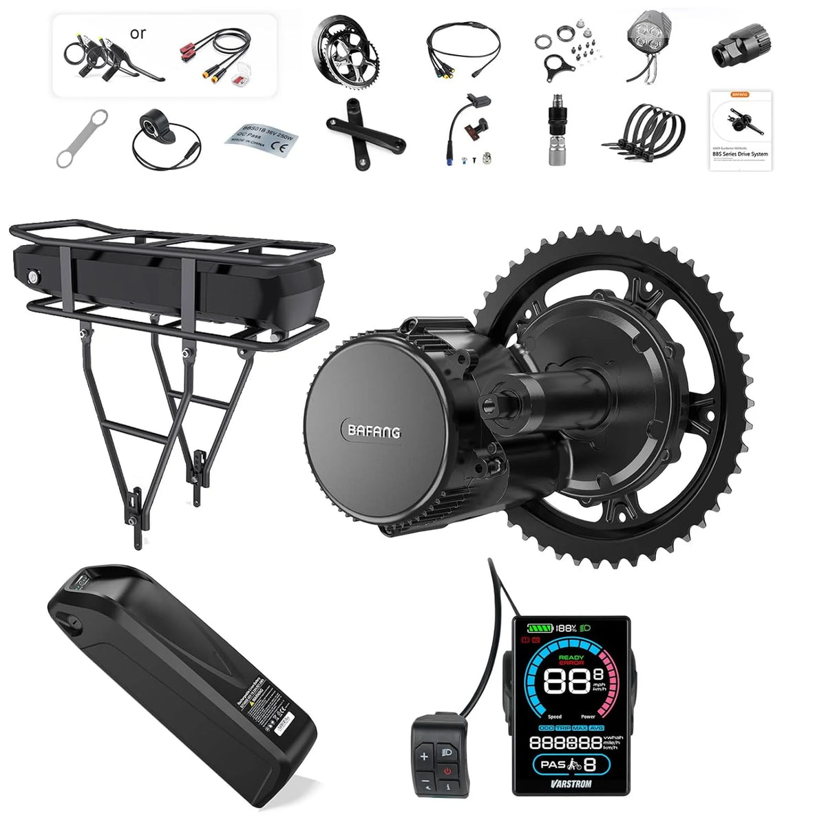 BAFANG 500W 36V BBS02B Kit de Conversion pour Vélo Électrique avec 20Ah Batterie et VD618 Afficheur, Moteur Central G340 pour Vélos de Montagne avec Boîtier de Pédalier BB68mm