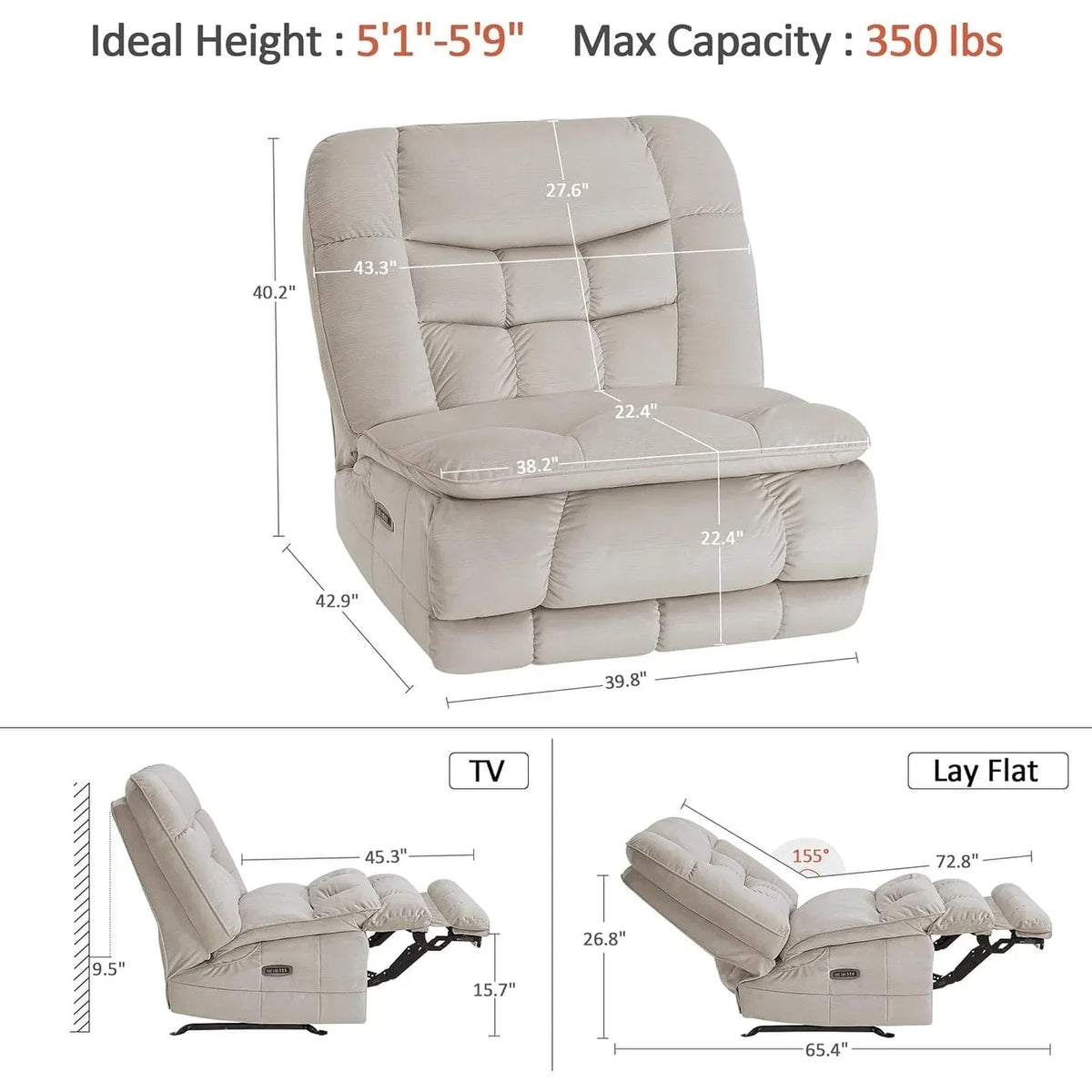 MCombo Oversized Dual Motor Armless Power Rocker Recliner Chair, Zeroarms Recliner Perfect for Living Room Fabric PR607