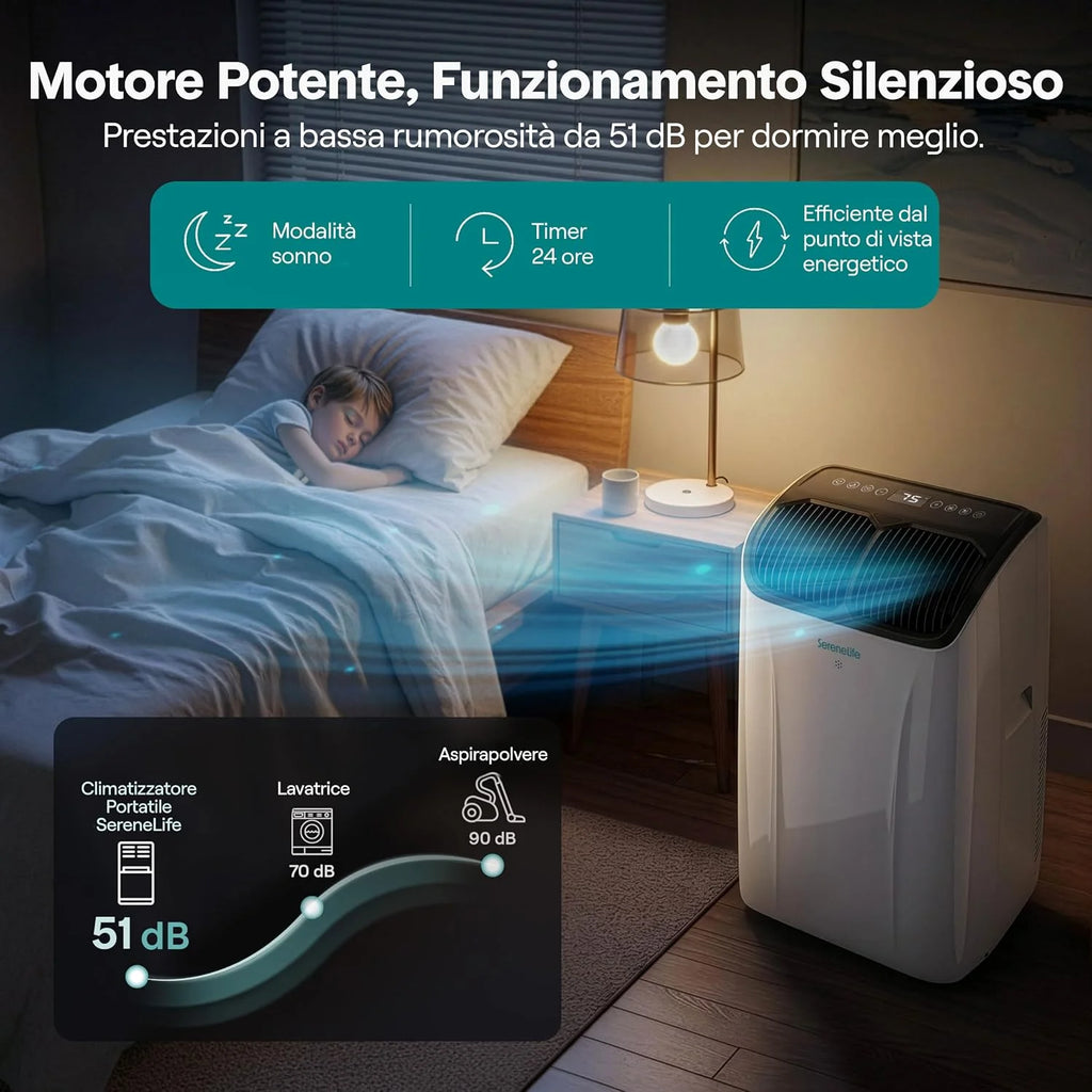SereneLife Climatiseur Portable 14 000 BTU 4 en 1 – Clim Mobile Silencieuse avec Évacuation, Contrôle APP, Refroidissement, Chauffage, Déshumidificateur, Ventilation et Kit Fenêtre, jusqu’à 32 m²