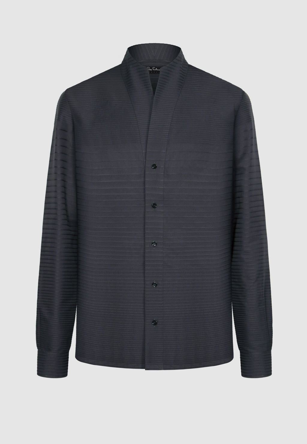 Chemise col montant en coton gris à rayures en relief