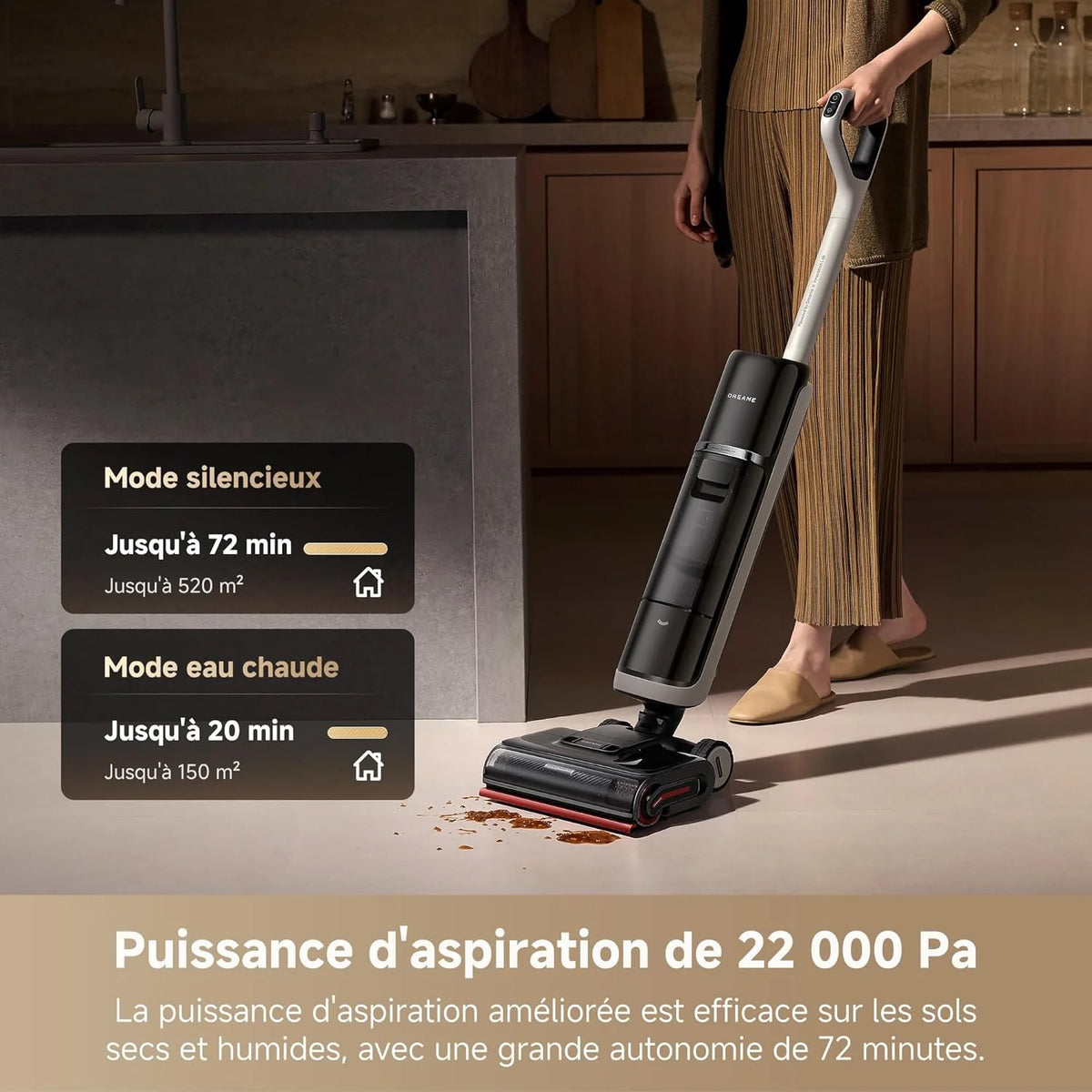 DREAME H15 Pro Heat Aspirateur Laveur, Nettoyage des sols à 85 °C, bras robotisé IA GapFree, capteur RVB intelligent, 22 kPa, 0 nœuds, lavage brosse à 100°C, séchage en 5 min à 90°C,contrôle par appli