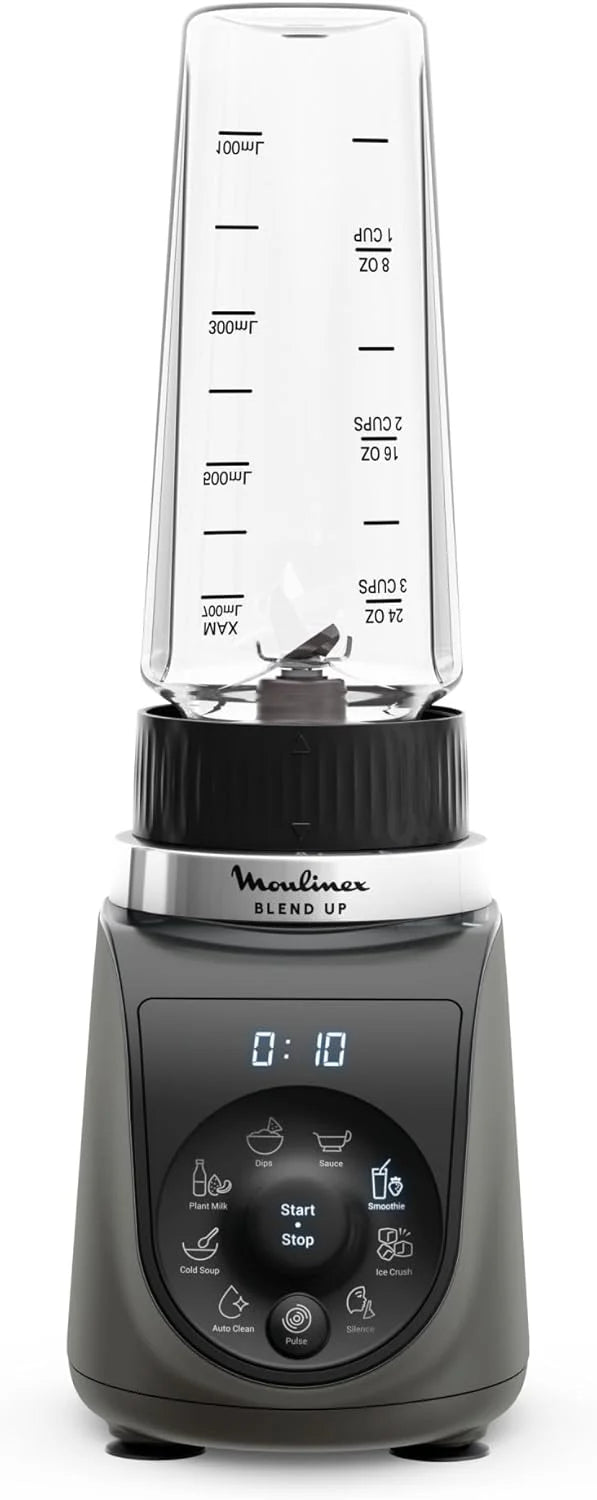 Moulinex Blend Up, Mini blender puissant, 1 000 W, 8 programmes automatiques, Glace pilée LM19H4F0, Gris Etain