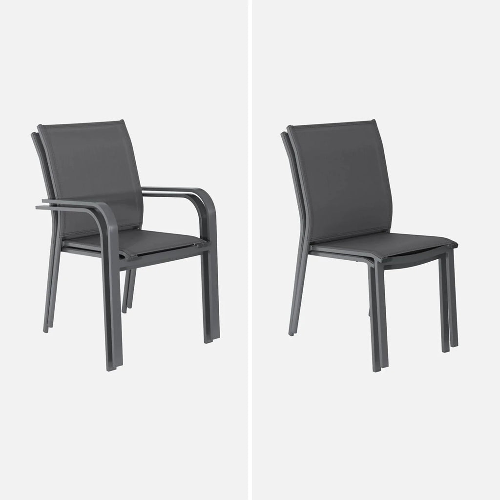 sweeek - Table de Jardin Extensible Aluminium + 10 assises Aluminium et textilène Anthracite. 8 chaises. 2 fauteuils. 10 Places. 290 x 100 x 75 cm