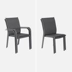 sweeek - Table de Jardin Extensible Aluminium + 10 assises Aluminium et textilène Anthracite. 8 chaises. 2 fauteuils. 10 Places. 290 x 100 x 75 cm
