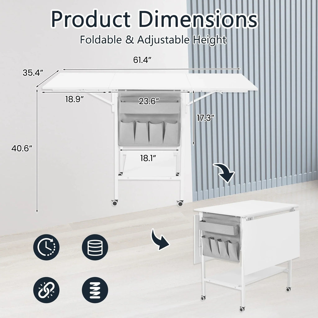 Height Adjustable Craft Table with Storage Shelves, Mobile Folding Cutting Table for Home Office Sewing Room Craft Room