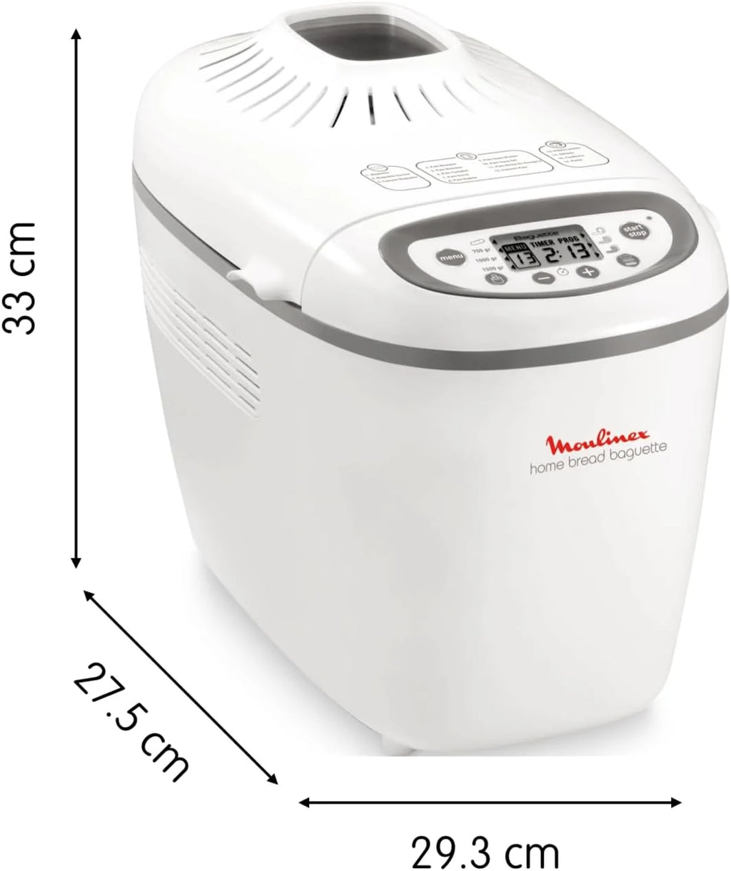 Moulinex Home Bread Baguette Machine à petits pains, 16 programmes, Résultats homogènes, Jusqu'à 1,5 kg de pain frais, Plaques croustillants, 3 niveaux de dorage OW610110, Blanc