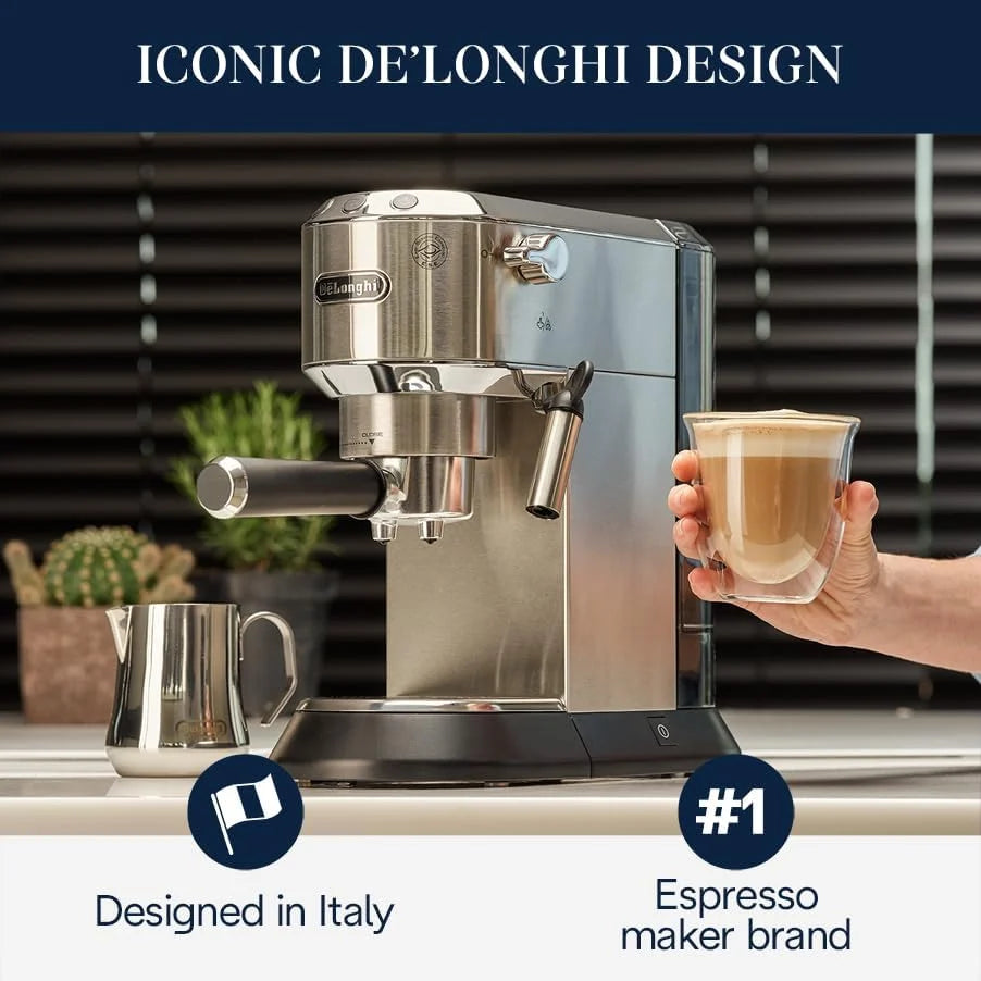 De'Longhi Dedica Espresso Machine, Coffee and Cappucino Maker with Milk Frother, Metal / Stainless, Compact Design 6 in Wide, Fit Mug Up to 5 in, EC680M
