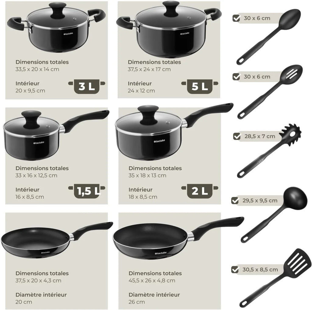 tectake® Set de cuisine 45 pièces, Service de table 6 personnes et Batterie de cuisine, Poêles, Casseroles, Assiettes plates, Assiettes creuses, Bols, Tasses, Louche, Spatule, Vaisselle en grès