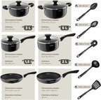 tectake® Set de cuisine 45 pièces, Service de table 6 personnes et Batterie de cuisine, Poêles, Casseroles, Assiettes plates, Assiettes creuses, Bols, Tasses, Louche, Spatule, Vaisselle en grès