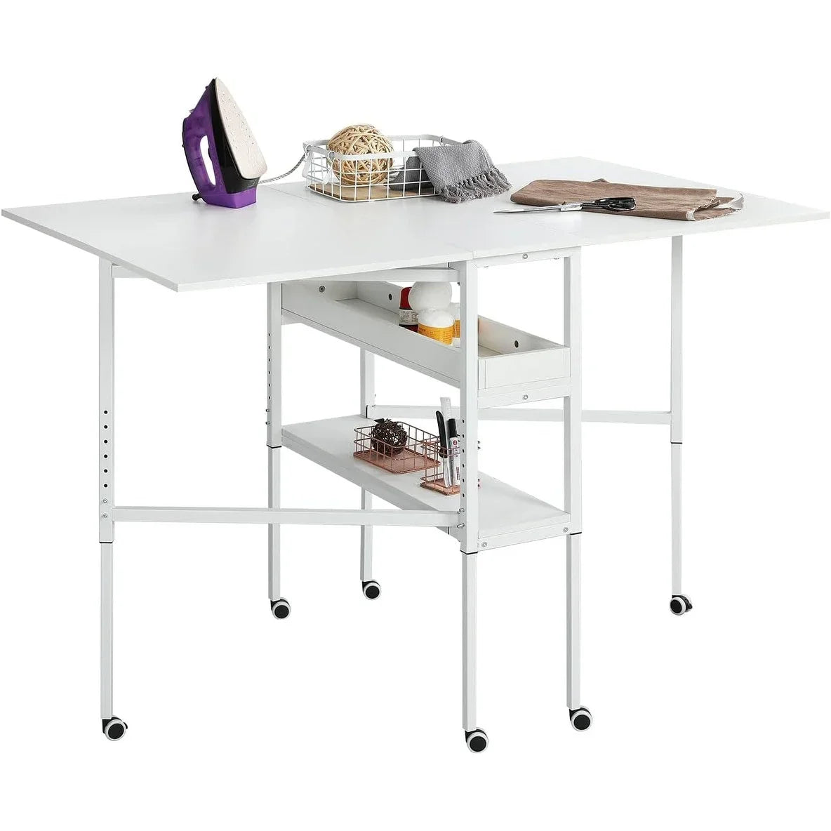Height Adjustable Craft Table with Storage Shelves, Mobile Folding Cutting Table for Home Office Sewing Room Craft Room