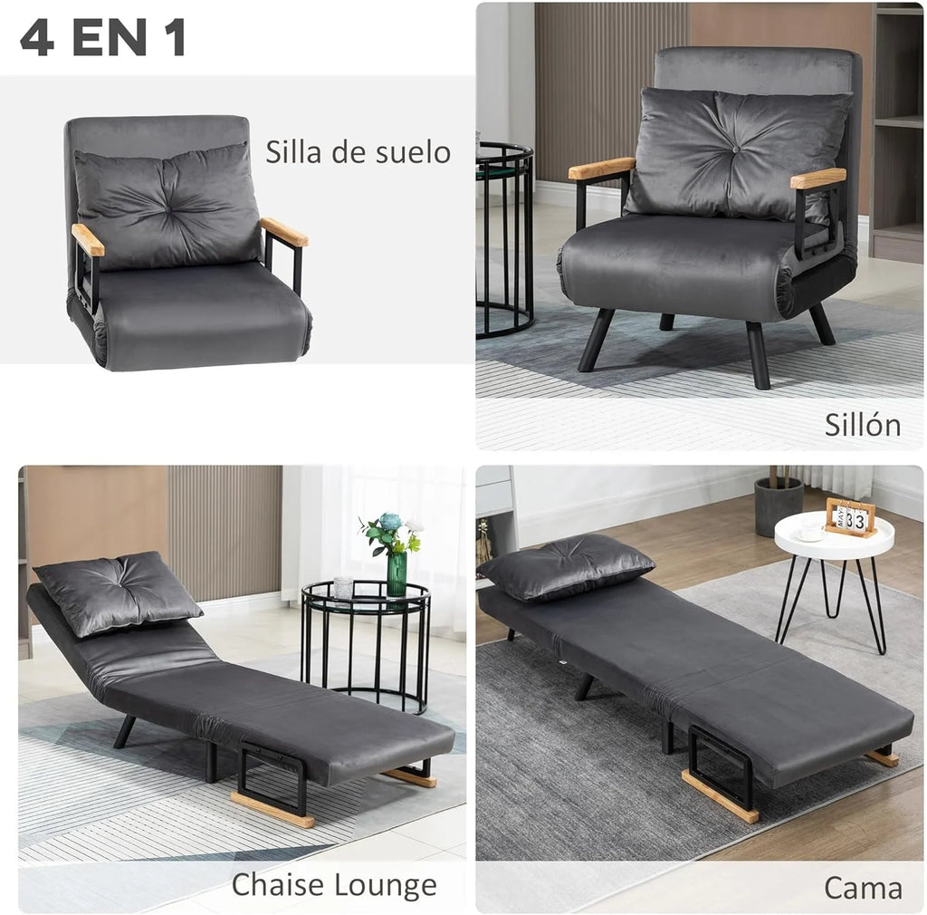 HOMCOM Sofa Bed 2 Seater Folding Sofa Bed Upholstered in Velvet with 5 Levels Adjustable Backrest and Padded Pillows for Office Bedroom Living Room 102 x 73 x 81 cm Beige