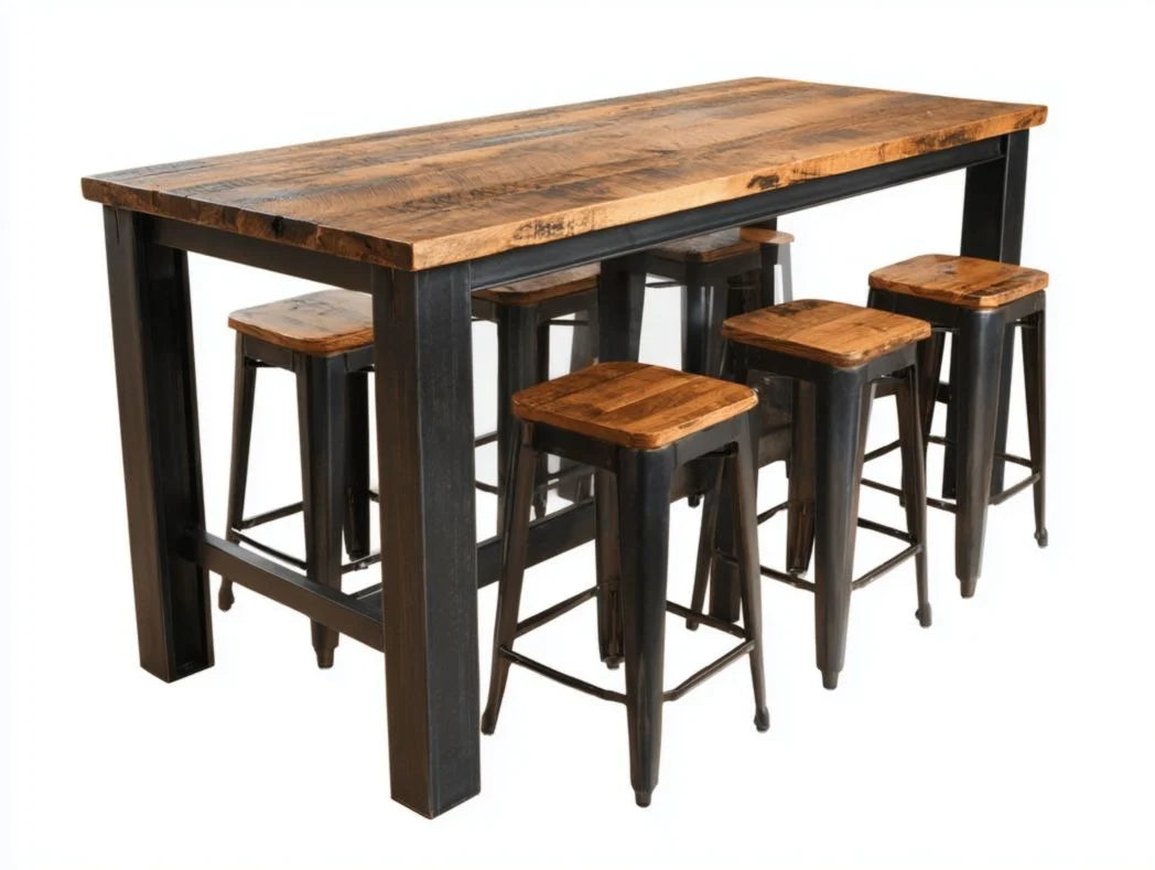 Ensemble mange debout industriel table rectangulaire bois et 6 tabourets métal
