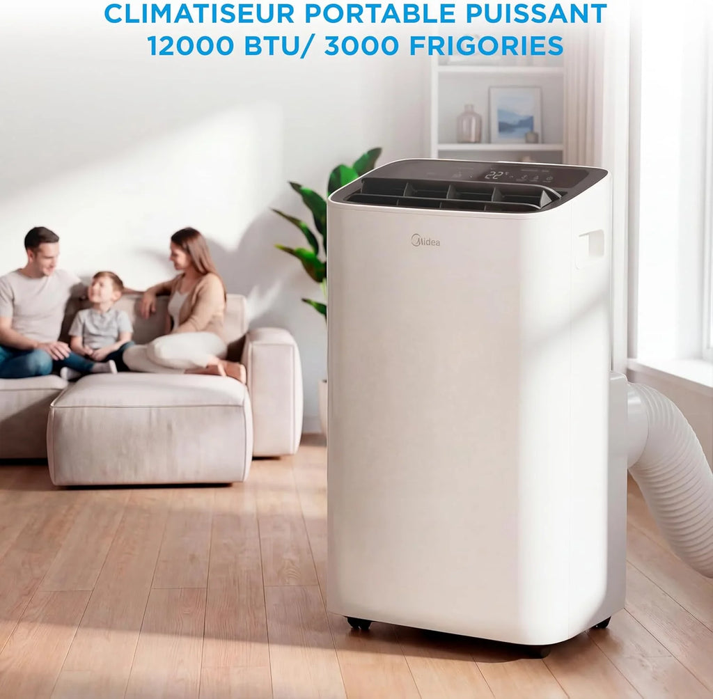 MIDEA Climatiseur Mobile Silencieux 12000 BTU avec Évacuation | 4 en 1: Climatisation, Ventilation, Déshumidification, Sleep | Clim Portable avec Contrôle App & Télécommande | Kit de Fenêtre Inclus