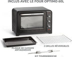 Moulinex Four électrique à chaleur tournante 60 L, 7 modes de cuisson, Tournebroche, Thermostat réglable jusqu’à 240 °C, Timer 120 minutes, 2 grilles réversibles, Optimo, Noir OX495810