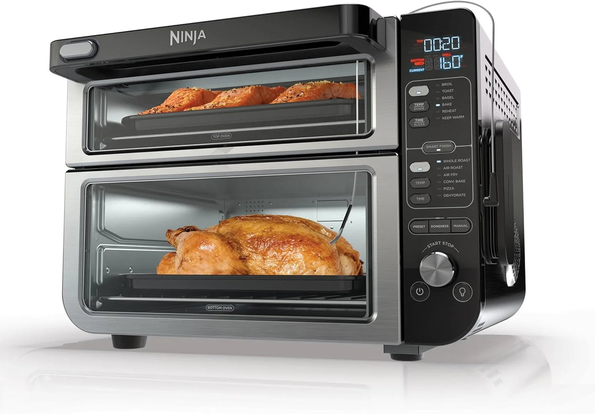 Ninja - Four double intelligent 12 en 1 DCT451 avec FlexDoor, thermomètre, FlavorSeal, finition intelligente, convection supérieure rapide et fond frit à l'air, acier inoxydable