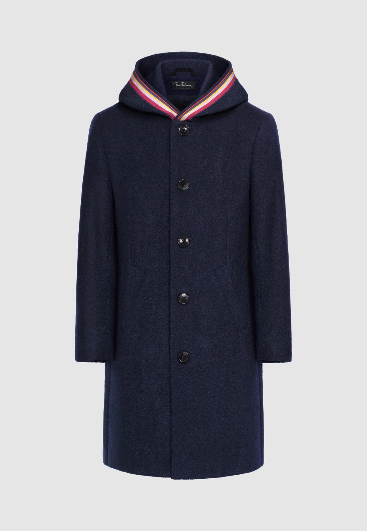 Manteau en laine bleu marine à capuche et galon
