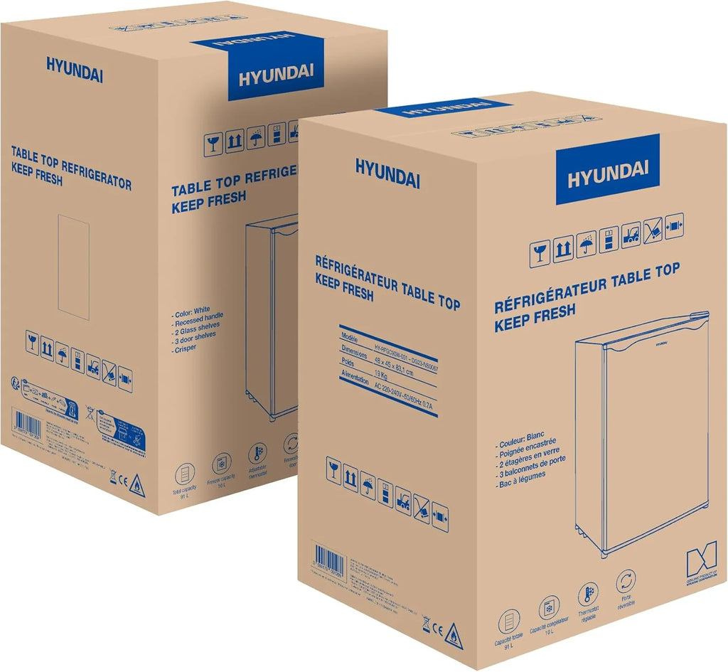 HYUNDAI Réfrigérateur Table Top 90 L Keep Fresh, Compact avec Freezer, Porte Réversible, 2 Clayettes Verre, Bac à Légumes, 41 dB (Blanc)