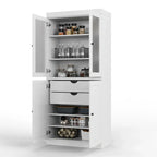100% Solid Wood Pantry Cabinet with Frosted Glass Doors, Solid Doors, 2-Drawers and Adjustable Shelves