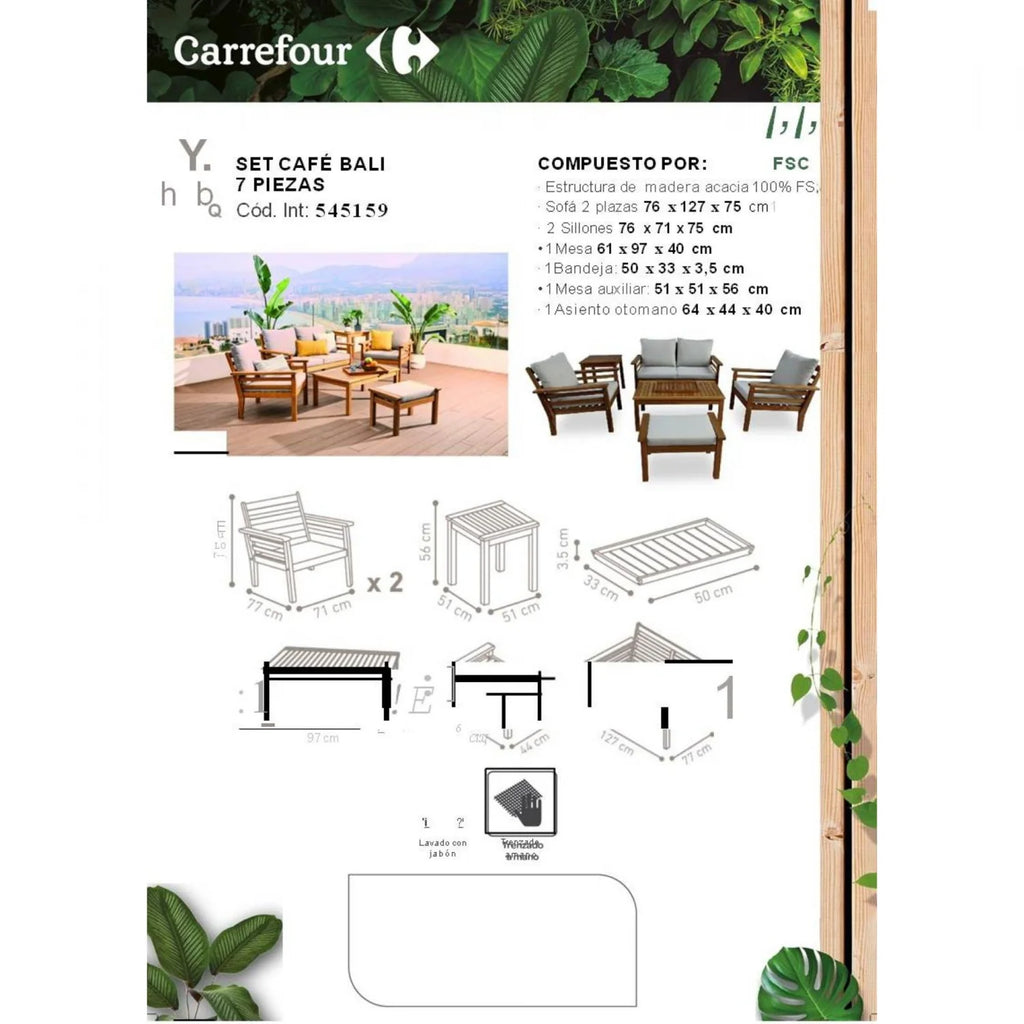 Conjunto de Jardín Mesa + Sofá + 2 Sillones + Mesa Auxiliar + Asiento Otomano + Bandeja de Madera, Bali