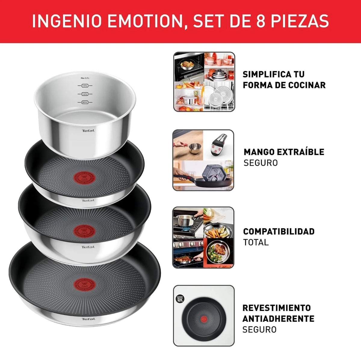 Tefal Ingenio Emotion Set of 3 Frying Pans 22/24/28 cm + 3 Saucepans 16/18/20 cm + Stew Pot 24 cm + Wok 26 cm + 12 Accessories | Induction Safe, Non-Stick, Dishwasher and Oven Safe