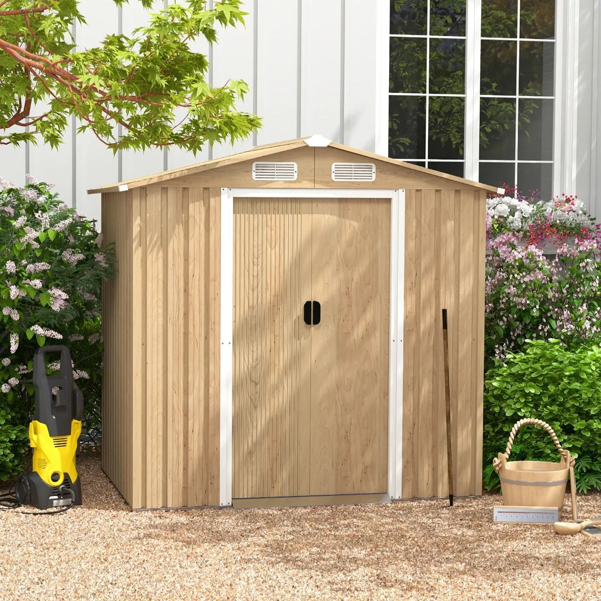 Abri de Jardin 2.3㎡ en Acier Galvanisé Anti-UV 196x142x186cm Cabane de Jardin Exterieur 3.7m³ avec Porte Coulissante Rampe Naturel