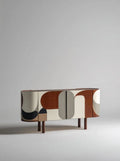 Meuble TV bas design moderne en bois à motifs géométriques avec 2 portes