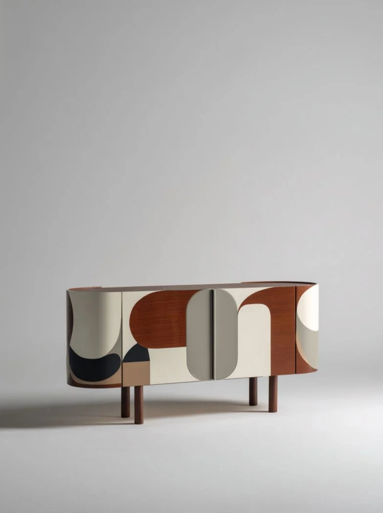 Meuble TV bas design moderne en bois à motifs géométriques avec 2 portes