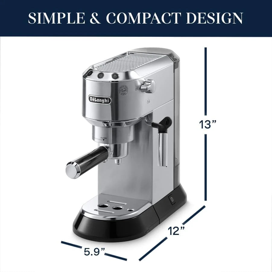 De'Longhi Dedica Espresso Machine, Coffee and Cappucino Maker with Milk Frother, Metal / Stainless, Compact Design 6 in Wide, Fit Mug Up to 5 in, EC680M