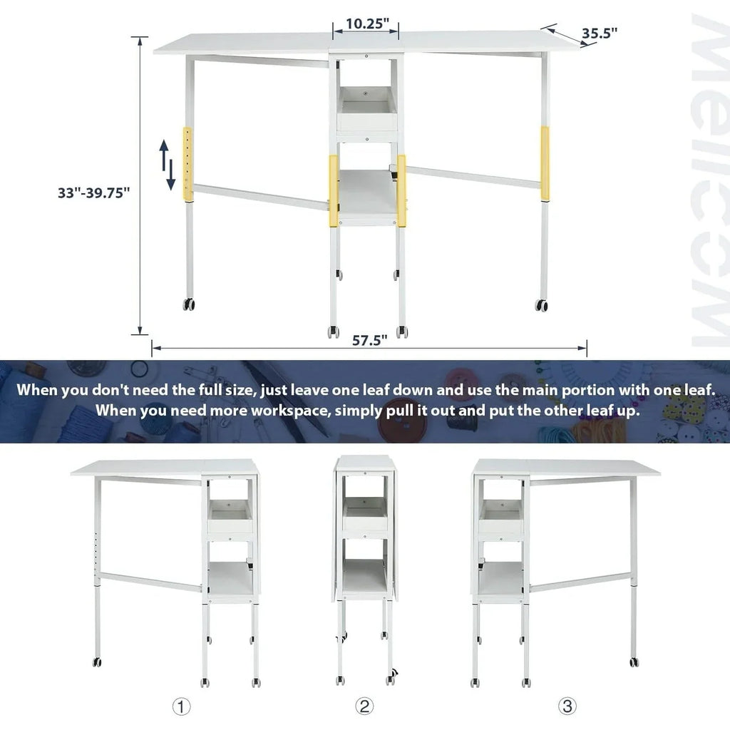 Height Adjustable Craft Table with Storage Shelves, Mobile Folding Cutting Table for Home Office Sewing Room Craft Room