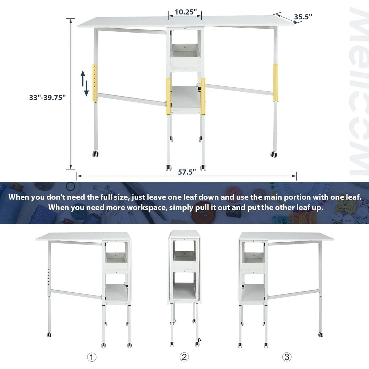 Height Adjustable Craft Table with Storage Shelves, Mobile Folding Cutting Table for Home Office Sewing Room Craft Room