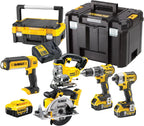 DEWALT - Pack 5 outils XR 18V, 1 perceuse-visseuse, 1 visseuse à chocs à 3 vitesses, 1 scie sauteuse, 1 scie circulaire, 1 lampe LED, 3 batteries 5Ah, 1 chargeur et 2 coffrets TSTAK, DCK551P3T-QW