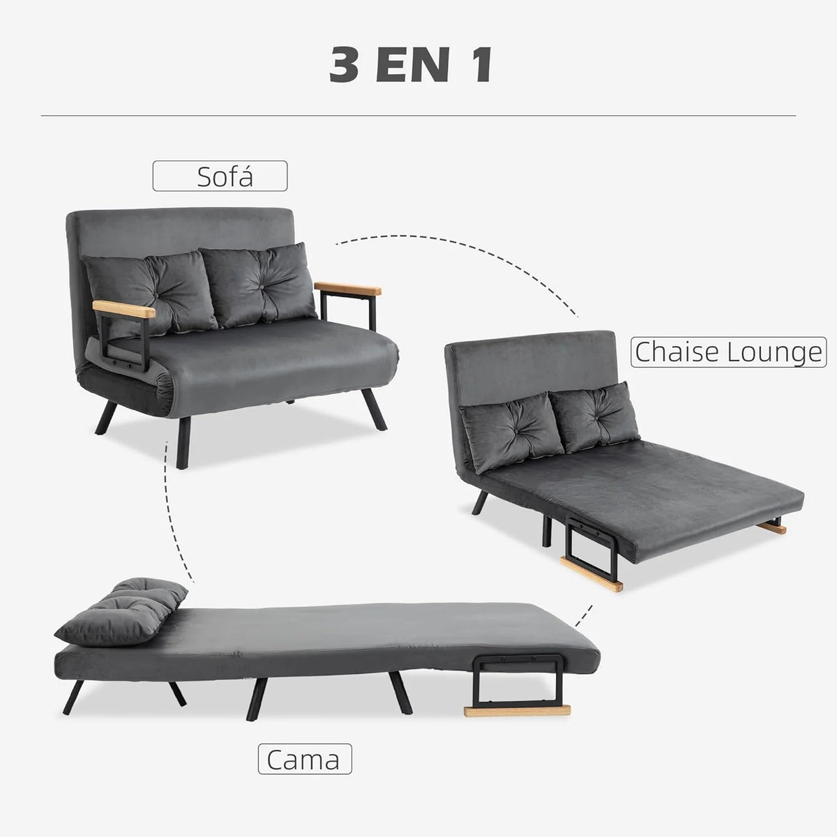 HOMCOM Sofa Bed 2 Seater Folding Sofa Bed Upholstered in Velvet with 5 Levels Adjustable Backrest and Padded Pillows for Office Bedroom Living Room 102 x 73 x 81 cm Beige