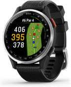 Garmin Approach S44 Essential Golf GPS Smartwatch Écran AMOLED Fonctionnalités sur Le Terrain Lunette en Aluminium argenté avec Bracelet en Silicone Noir