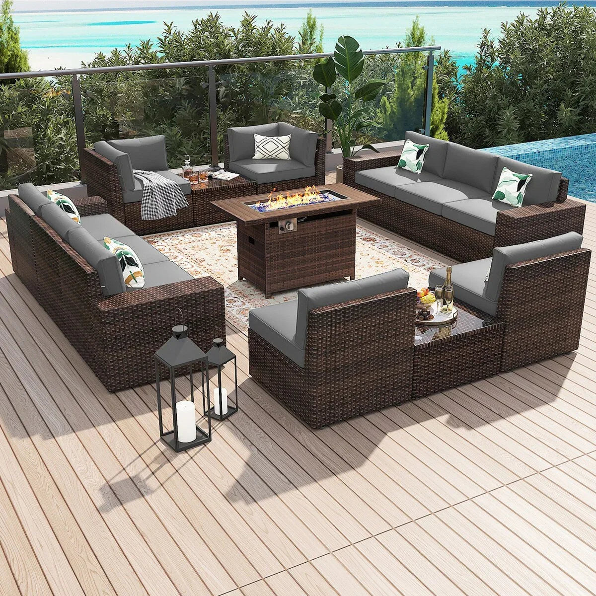 13 Pieces Patio Furniture Set with 44Fire Pit Table