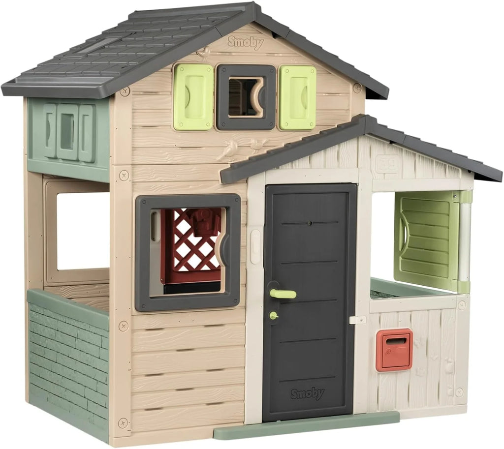 Smoby Life - Casa de Juegos Friends House EVO con 2 Puertas, 6 Ventanas y Mesa de Picnic Extraíble – Fabricada en Material Reciclado, Protección UV, para Niños a Partir de 3 Años (7600810208)